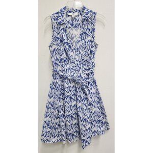 DR Collection Womens Wrap Dress‎ Size 4 Blue White Leaf Print Belted Sleeveless